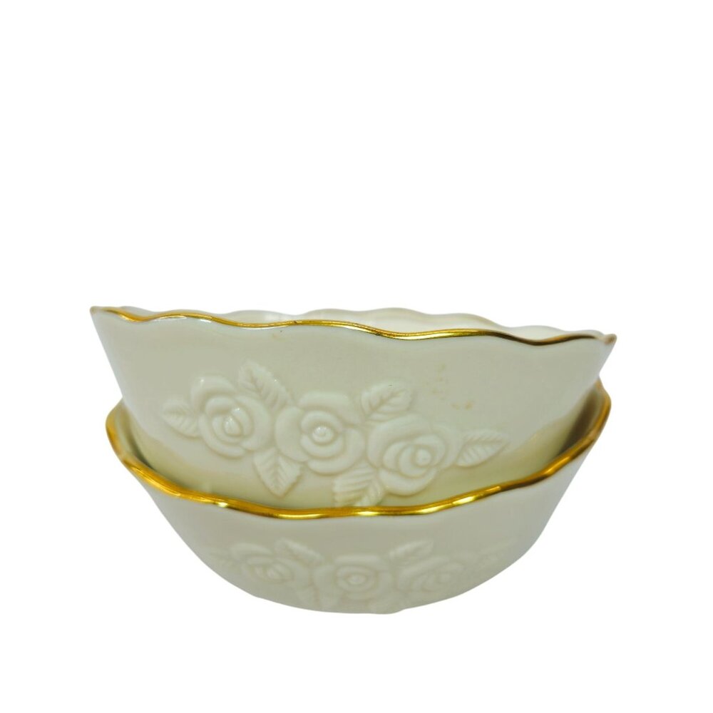 Lenox Handcrafted Ivory Porcelain Rose Blossom Bowl Set of 2 w/ Gold Trim